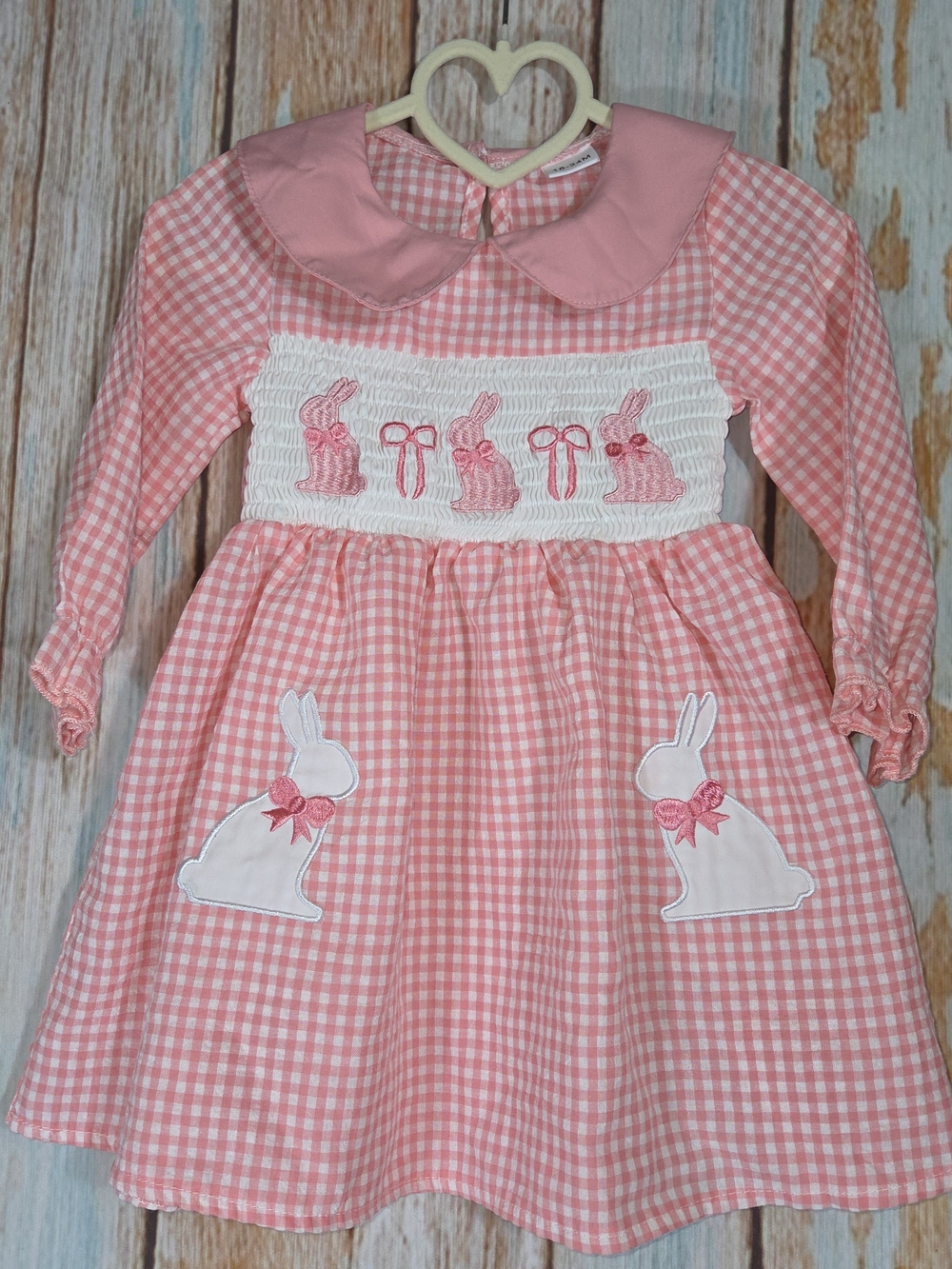 Pink Gingham Long Sleeve Bunny Smocked Dress. Size 18-24m